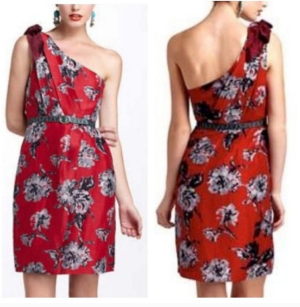 Va Et Vien for BHLDN Dress 2 Burgundy Floral One Shoulder Cocktail Silk Classy - Picture 3 of 3